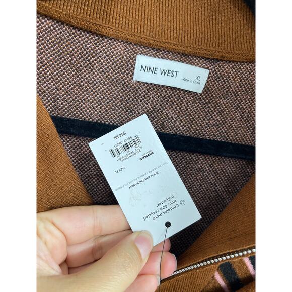 Nine West Womens Chevron Half Zip Sweater Brown Pink XL Striped Knit Pullover - Picture 4 of 9